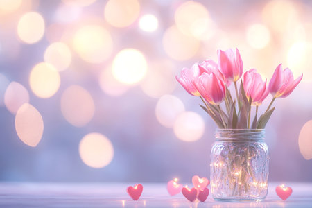 Mother's Day table setting with tulips, hearts and tulips, lights bokeh on background, soft pastelの写真素材