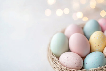 Pastel Easter eggs in baskets on light background with copy space, high key bokeh.の写真素材