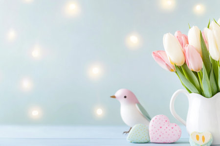 Mother's Day still-life with tulips, hearts and bird, white ceramic vase with spring flowers, lights bokeh on background, pastel colorsの写真素材