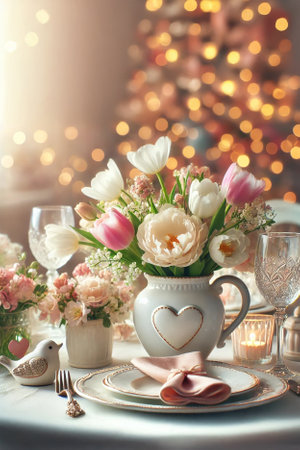 Mother's Day still-life with tulips, hearts and bird, white ceramic vase with spring flowers, lights bokeh on background, pastel colorsの写真素材