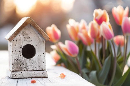 Beautiful decorative bird house and tulips, back lit, high key, bokeh. Greeting card with copy spaceの写真素材