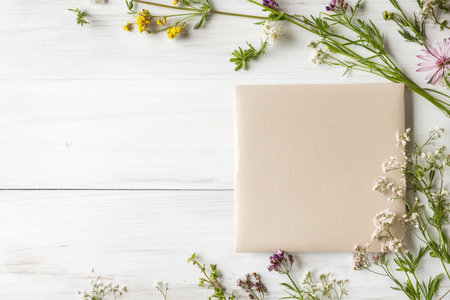 Biege craft envelope with pastel wild flowers on white wooden background, top view with copy space, greeting cardの写真素材