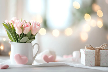 Mother's Day table setting with tulips, hearts and tulips, lights bokeh on background, soft pastel greeting cardの写真素材