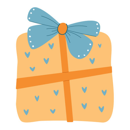 Cute gift box clipart with whimsical bow and pattern. Cozy greeting illustration. Vector stickers in flat styleのイラスト素材