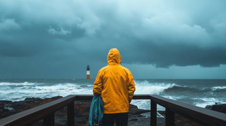 Old lighthouse against dark sky, thunderclouds rolling in, waves crashing against jagged rocks below, man figureの素材