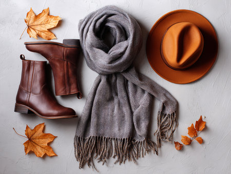Flat lay of autumn fashion accessories, leather boots, wool scarf, fedora hat, falling leaves, warm colors, cozy seasonal vibesの素材