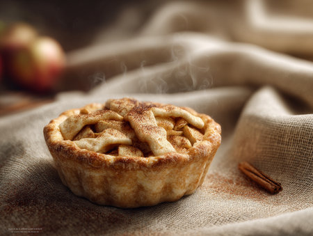 A freshly baked mini apple pie with a golden flaky crust and cinnamon-sprinkled apple slices peeking through, set on a soft beige fabric background, radiating a cozy homemade dessert charm.の写真素材