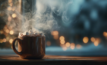 A steaming cup of hot chocolate topped with fluffy marshmallows, set on a rustic wooden table with a softly blurred background of warm golden bokeh lights, creating a cozy and inviting winter atmosphereの素材