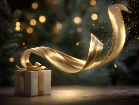 A luxurious gift box adorned with a shiny golden ribbon and bow, with the ribbon elegantly unfurling in mid-air, surrounded by sparkling confetti and warm bokeh lights, evoking a festive and celebratory atmosphere.の素材