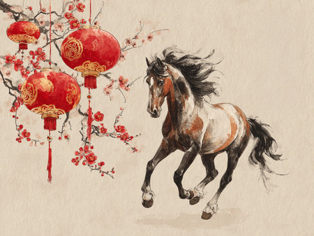 Ink painting of a galloping horse, red and gold Chinese lanterns, plum blossomsの素材