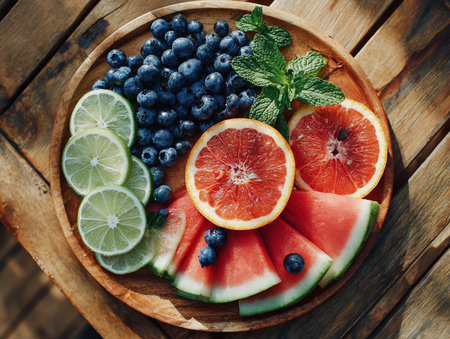 Colorful summer fruit plate with slices of watermelon, lime, blood orange, blueberries, blackberries, and fresh mint on a rustic wooden background, healthy organic dessert top view.の素材