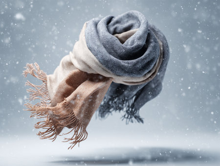 A soft woolen scarf in shades of beige, brown, and gray floats gracefully in midair against a snowy background, its fringed ends gently swaying, evoking warmth and comfort in a cold winter atmosphereの素材