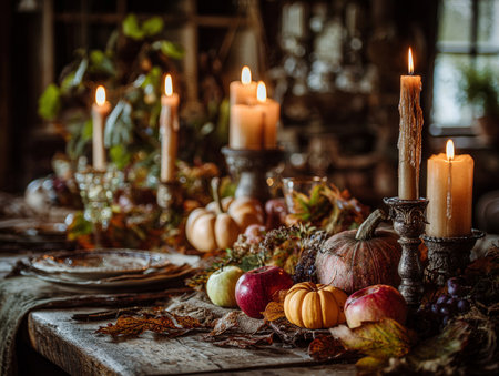 Rustic Thanksgiving table set with candles, harvest vegetables, apples and pumpkins, autumn leaves as decor, cozy farmhouse ambianceの素材