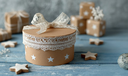 Close-up of a beautifully wrapped gift box with white star-patterned kraft paper and a delicate lace ribbon bow, placed on a rustic blue wooden surface.の素材