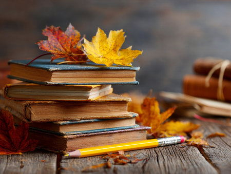 Stack of vintage books with autumn leaves and a pencil, fall vibeの素材