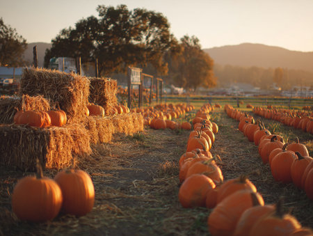 Pumpkin field, golden sunlight, rows of orange pumpkins, hay bales, rustic wooden sign, fall harvest feelの素材