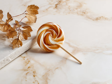 A glossy caramel and white swirled lollipop rests on a smooth marble surface next to a sprig of dried autumn leaves, creating a minimal and elegant composition with warm seasonal tonesの素材