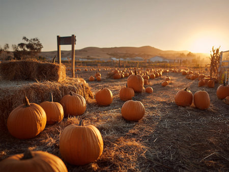 Pumpkin field, golden sunlight, rows of orange pumpkins, hay bales, rustic wooden sign, fall harvest feelの素材