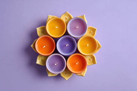 Flat lay of vibrant wax candles in red, yellow, and purple shades arranged in clay holders on a pastel purple background. Decorative and festive design perfect for holidays, Diwali, celebrations, spa, wellness,の素材
