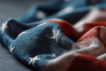 Close-up of the American flag with embroidered stars and textured fabric, symbolizing patriotism, freedom, and national pride.の素材