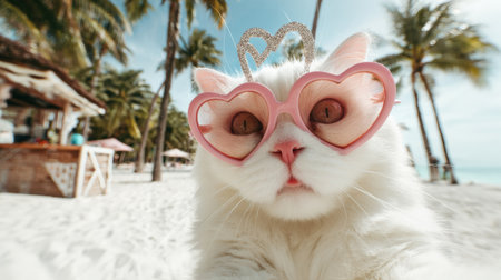 White cat in glitter crown and pink heart-shaped sunglasses takes a funny selfie on a tropical beach. Palm trees, blue ocean, and a colorful cocktail with a paper umbrellaの素材