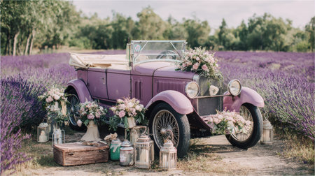 Vintage lavender-colored convertible car decorated with pastel flower arrangements, standing in the middle of a lavender fieldの素材