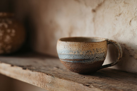 Handcrafted ceramic cup with earthy tones and textured glaze placed on a rustic wooden shelf. Minimal and cozy interior design style, perfect for coffee, tea, handmade pottery, craft, slow living, and hygge conceptsの素材
