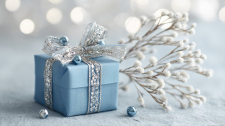 Elegant blue gift box decorated with silver ribbon, festive ornaments, and white branches, luxury holiday or wedding present on light backgroundの素材