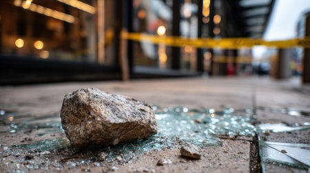 Close-up of a stone lying on shattered glass in front of a shop window, with blurred yellow caution tape in the background. The photo symbolizes vandalism, urban crime, destruction, protest, burglary, dangerの素材