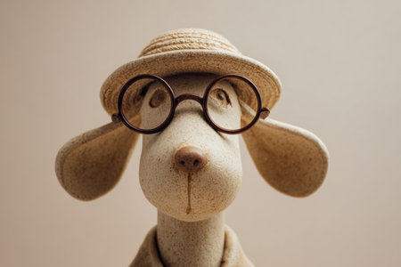 Whimsical ceramic dog figurine wearing round glasses and a vintage-style hat. Minimalist and kawaii-inspired home decor object, ideal for cozy, hyggeの素材