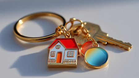 Close-up of a golden house-shaped keychain with a colorful miniature home and a golden key attached to a ring. Symbol of real estate, property ownership, mortgage, rentの素材