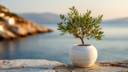 Small olive tree in a white ceramic pot placed on a stone wall overlooking the sea. The calm water and distant mountains fade into a soft horizon, creating a serene and Mediterranean atmosphereの素材