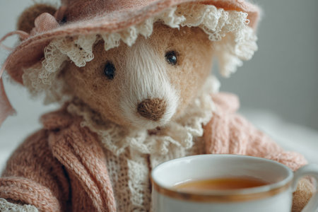 Adorable plush teddy bear toy dressed in a knitted jacket and soft sweater, sitting next to a pastel pink tea cup. The cozy blanket background and warm tonesの素材