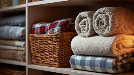 Neatly organized towels and blankets on a wooden shelf, with a woven basket adding a natural touch. A cozy, minimalist home interior detail showing warmth, comfort, and hygge lifestyleの素材