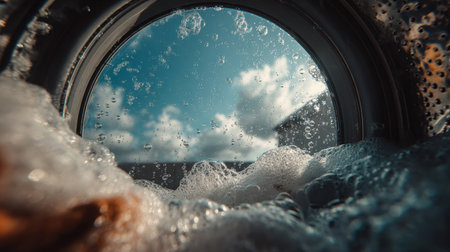 Close-up view inside a washing machine drum with blue fabric, foamy water, and bubbles in motion. Abstract background symbolizing cleaning, laundry, hygieneの素材
