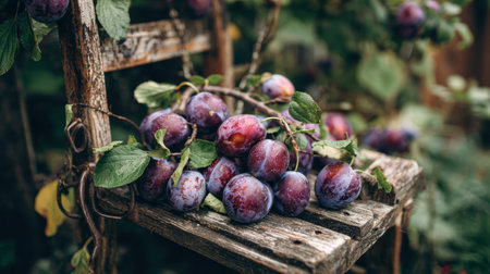 Fresh ripe plums on an old wooden chair in a garden. Rustic still life with natural textures, greenery, and fruit harvest in summer or autumnの素材
