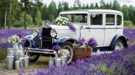 Vintage lavender-colored convertible car decorated with pastel flower arrangements, standing in the middle of a lavender fieldの素材
