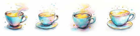 Cute watercolor illustration of colorful teacup with warm drink and tiny happy details, cozy artwork in pastel tonesの素材