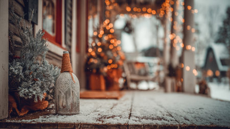 Rustic winter holiday porch with snow, handmade decorative bottle, frosted pine branches, and glowing Christmas lights creating a warm festive atmosphereの素材