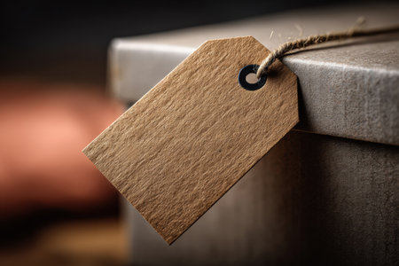Close-up of a blank kraft paper tag tied with string on a wrapped gift box. Minimal rustic style for branding, labels, pricing, packaging, product presentation, or holiday designの素材
