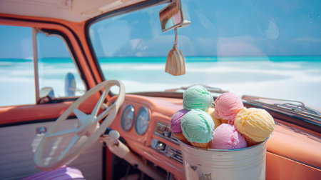 Colorful ice cream cones on the beach with a retro food truck in the background, fun summer lifestyle and vacation conceptの素材