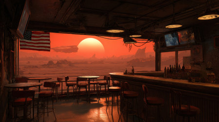 Abandoned bar on Mars at sunset, with a futuristic spaceship hovering on the horizon. Cyberpunk, sci-fi atmosphere, dystopian colony setting. Gritty textures, wires, American flagの素材