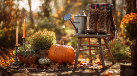 Cozy rustic autumn scene on a wooden bench outdoors. The composition features a pair of worn leather boots, a pumpkin, smaller gourds, potted flowers, and a vintage watering canの素材