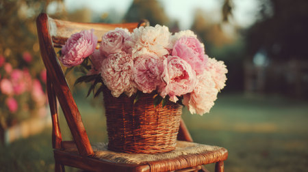Bouquet of pink and white peonies in a wicker basket placed on a rattan chair in a garden. Warm evening light, soft bokeh, and lush greenery create a cozy, romantic summer atmosphereの素材