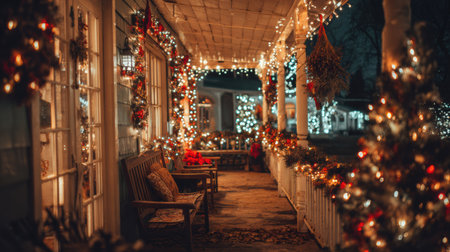 Rustic winter holiday porch with snow, handmade decorative bottle, frosted pine branches, and glowing Christmas lights creating a warm festive atmosphereの素材