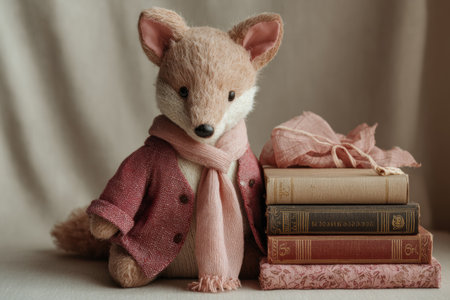Charming plush fox toy dressed in a knitted coat with golden buttons and a warm scarf, sitting next to a stack of books. The soft neutral background and cozy textures create a heartwarming atmosphereの素材