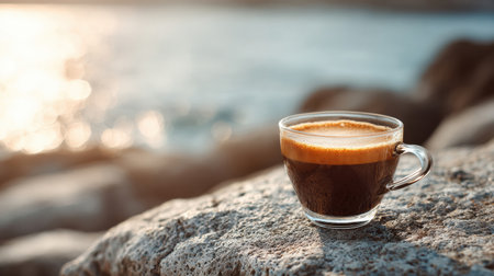 A glass cup of espresso placed on a rugged stone surface by the sea. The sunlight reflects on the water, creating a golden, dreamy bokeh in the backgroundの素材