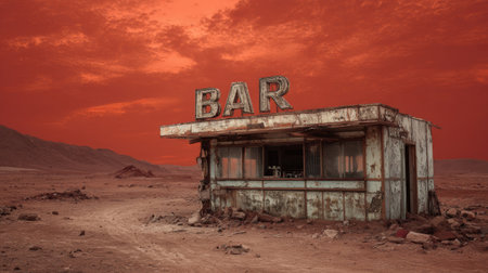 Abandoned bar on Mars at sunset, with a futuristic spaceship hovering on the horizon. Cyberpunk, sci-fi atmosphere, dystopian colony setting. Gritty textures, wires, American flagの素材