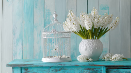 Elegant still life with a bouquet of white hyacinths in a decorative vase and ornate white birdcage on a rustic turquoise wooden table against a pastel painted backgroundの素材