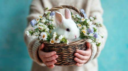 Adorable white rabbit sitting in a wicker basket decorated with pink and purple flowers, held by child in a cozy knitted sweater.の素材